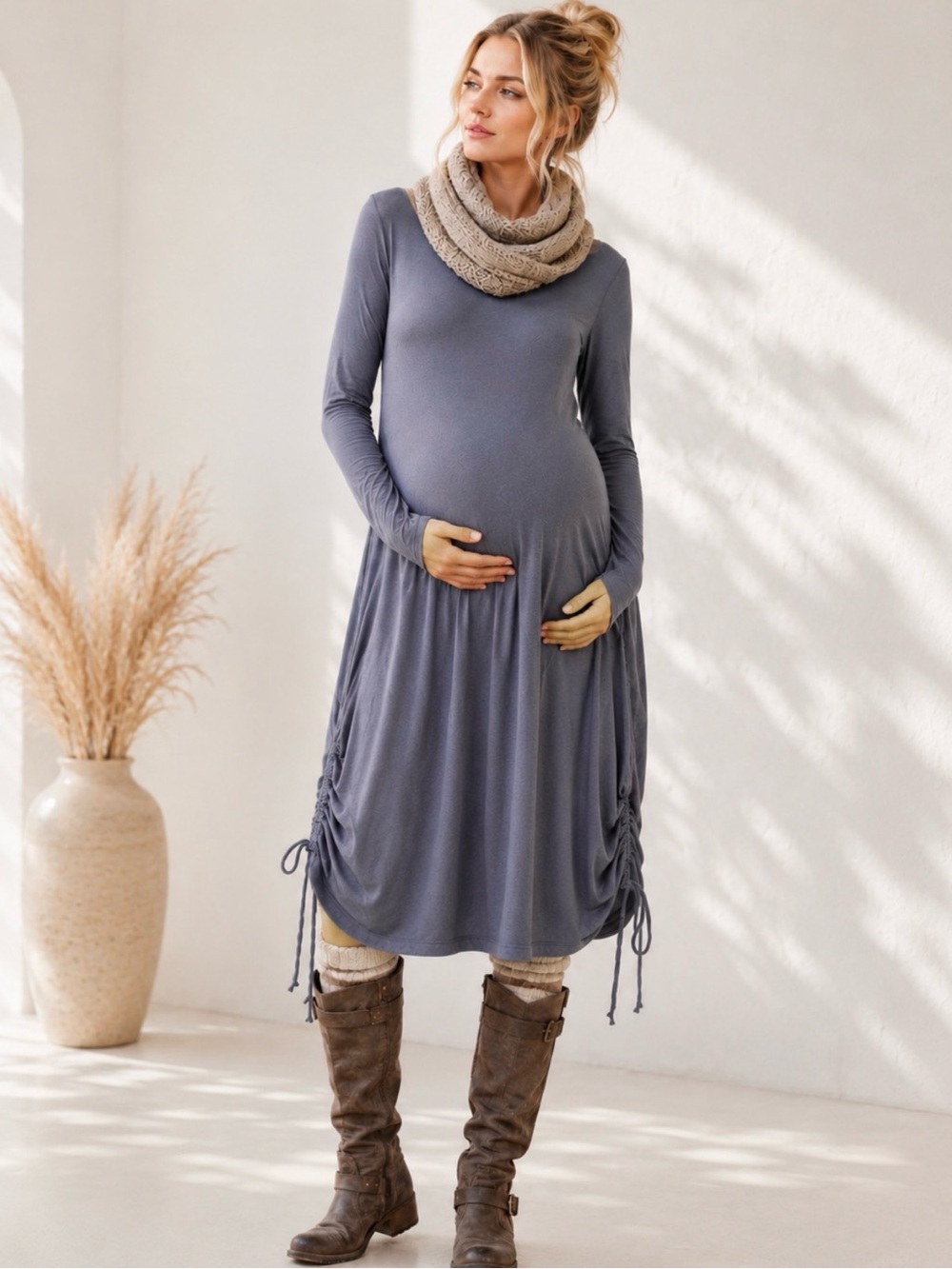 Maternity and Postpartum Cotton Jersey Soft Midi Dress M Ruched Boho Thumbhole